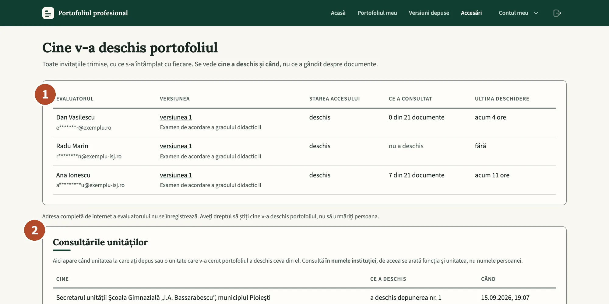 Pagina „Accesări”: evaluatorii invitați și consultările unităților.