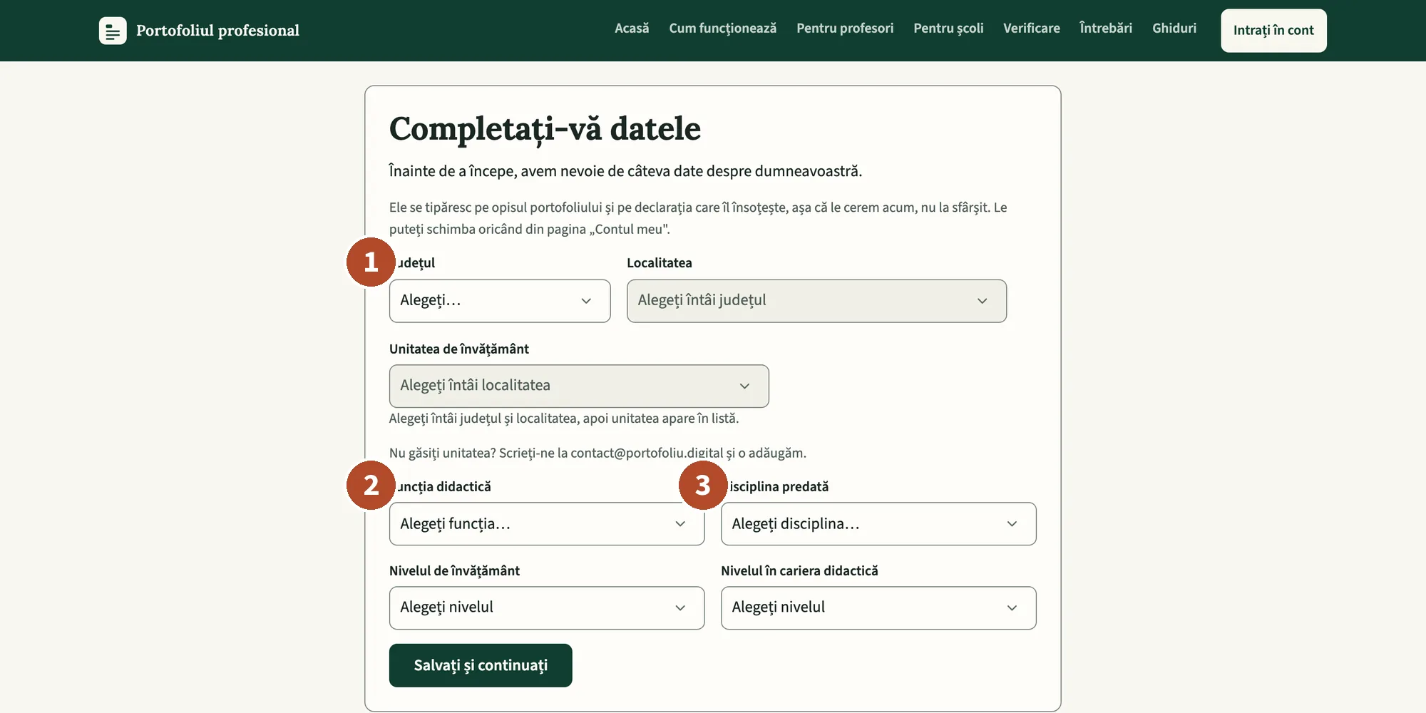 Pagina „Completați-vă datele”: cascada unității, funcția, disciplina și cele două niveluri.