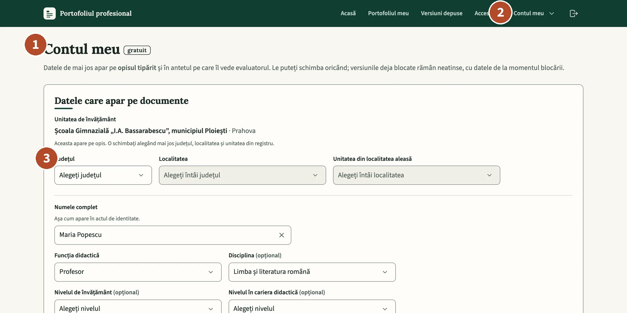 Pagina „Contul meu”: titlul cu insigna abonamentului și cardul datelor de pe documente.