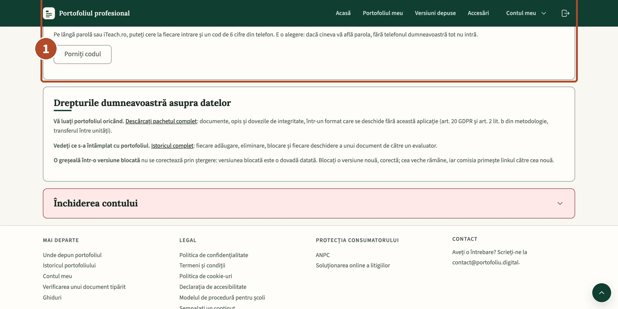Cardul „Codul din aplicație (al doilea factor)” din „Contul meu”, înainte de pornire.