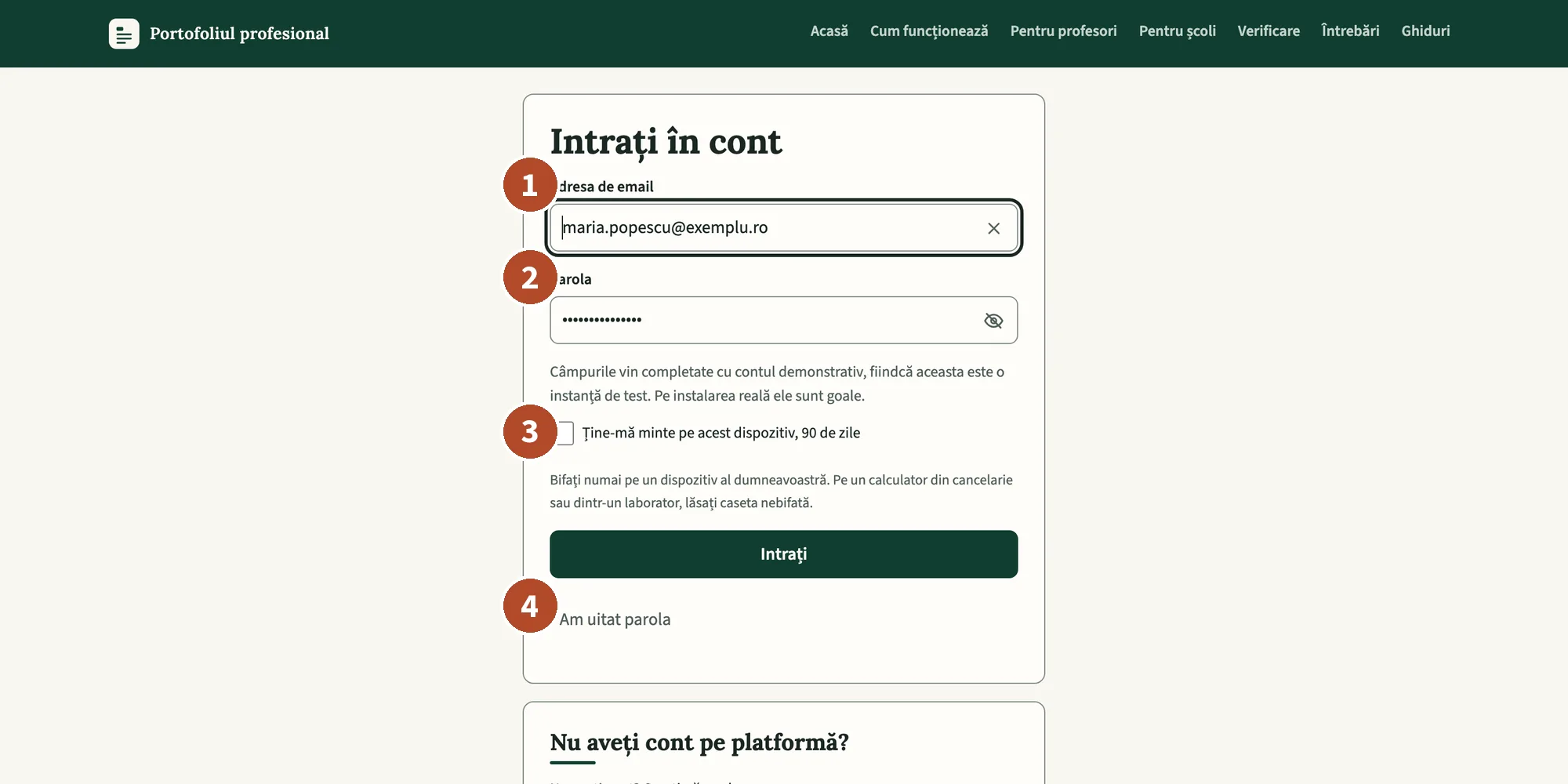 Pagina „Intrați în cont”.
