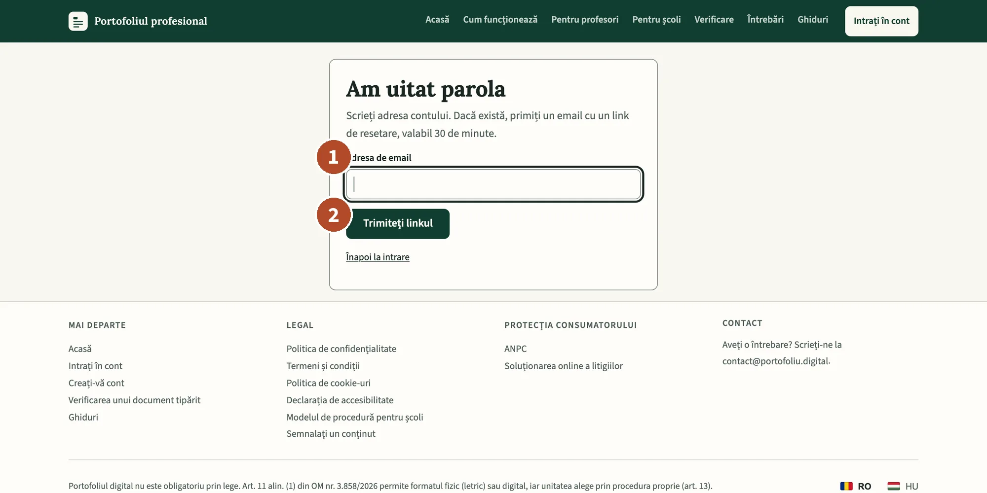 Pagina „Am uitat parola”.