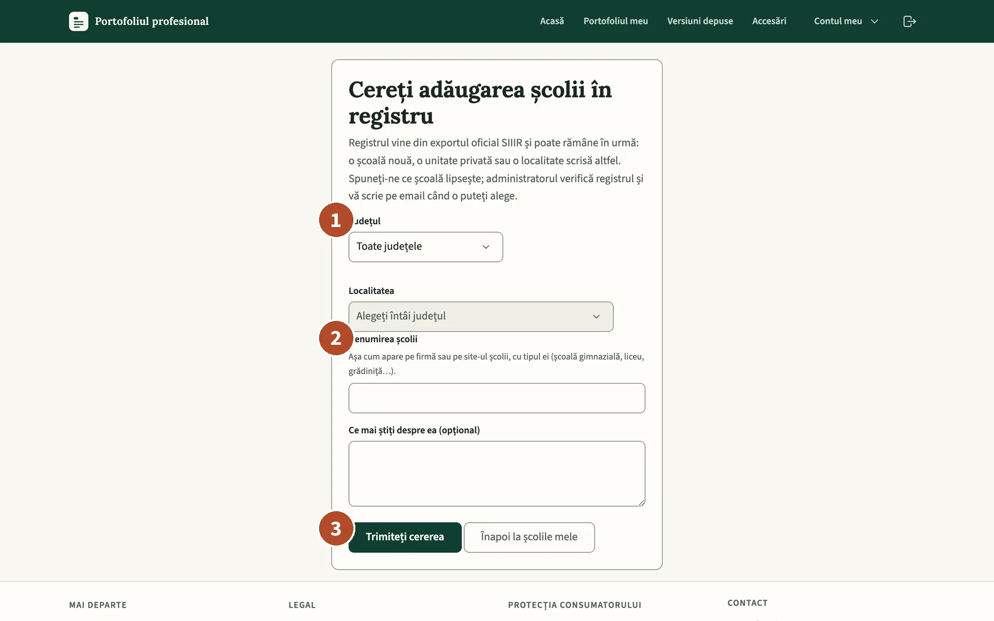 Pagina „Cereți adăugarea școlii în registru”.
