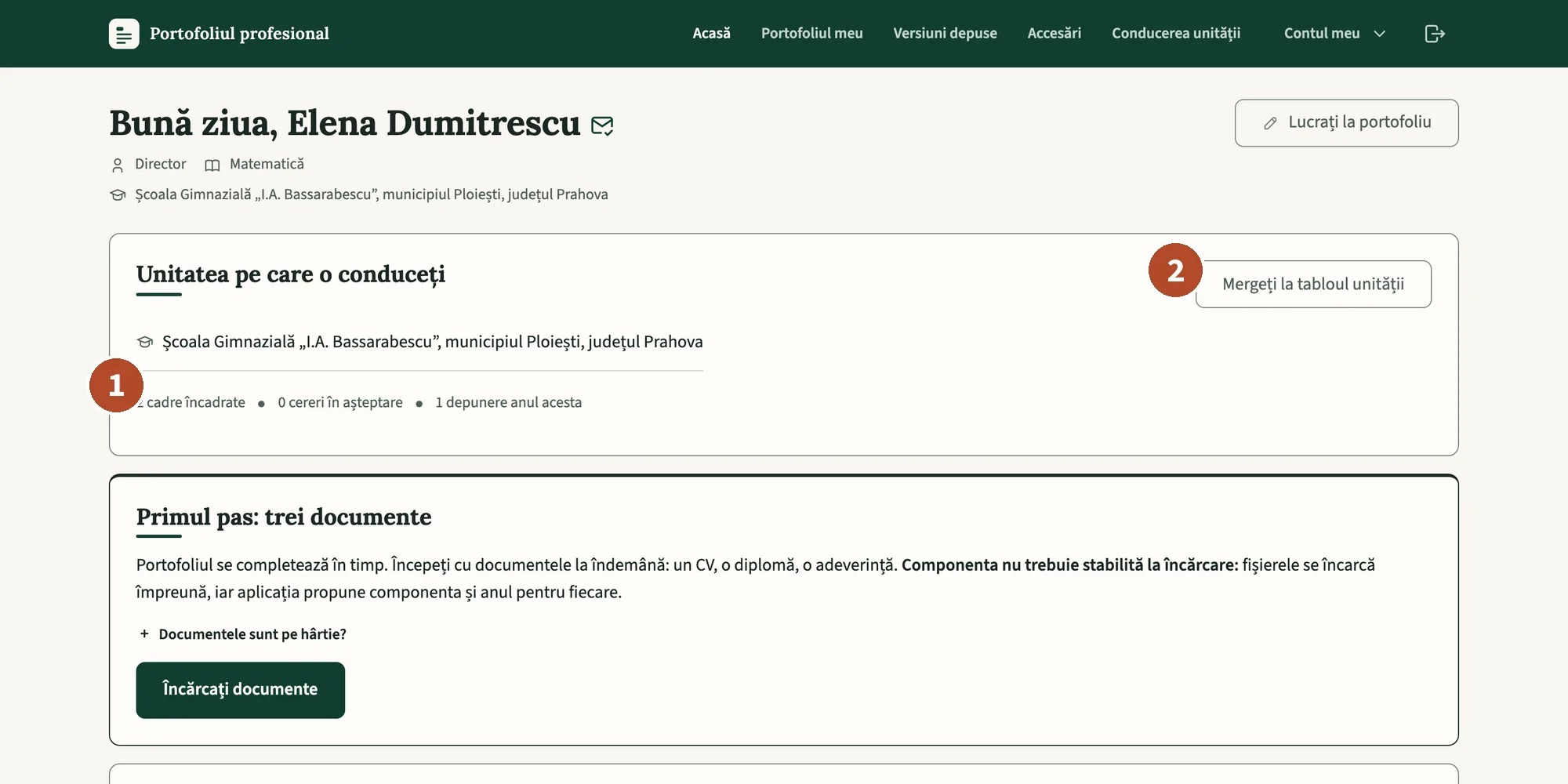 Prima pagină a unui director: cardul unității, cu cifrele ei, și butonul spre tablou.