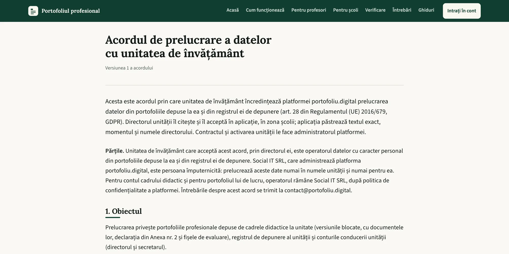 Textul acordului, public la adresa /acord-prelucrare a platformei, ca școala să îl poată citi înaintea activării.