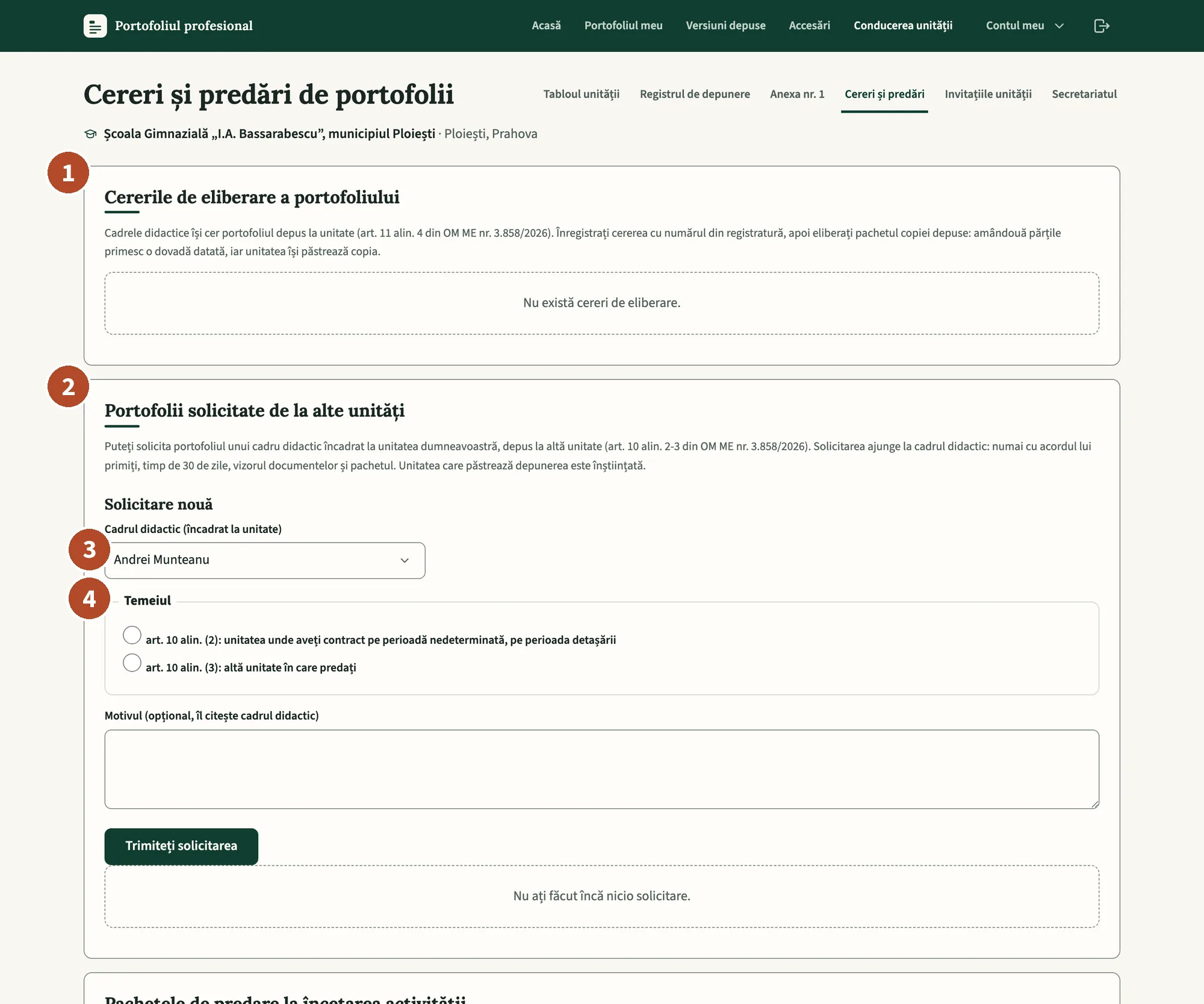 „Cereri și predări”: eliberările, solicitările cu formularul lor și, mai jos, predările și copiile păstrate.