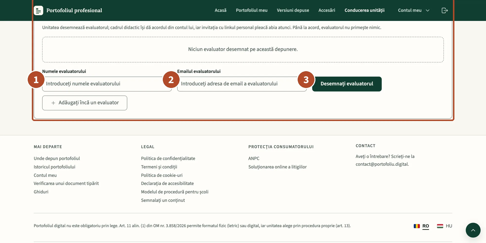 Cardul „Evaluarea” de pe pagina depunerii: formularul de desemnare.