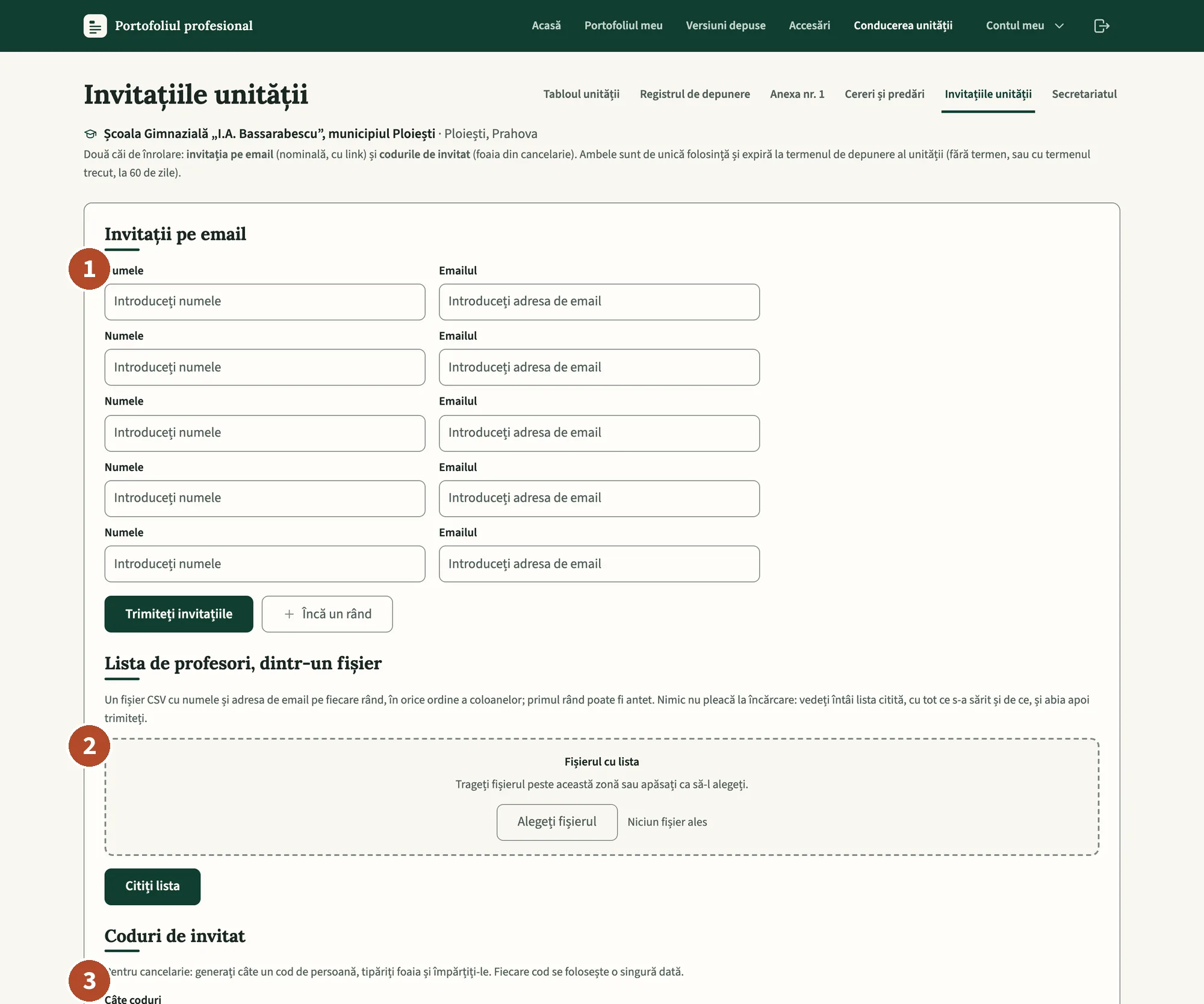 Pagina invitațiilor: perechile nume și adresă, lista dintr-un fișier, codurile de invitat.