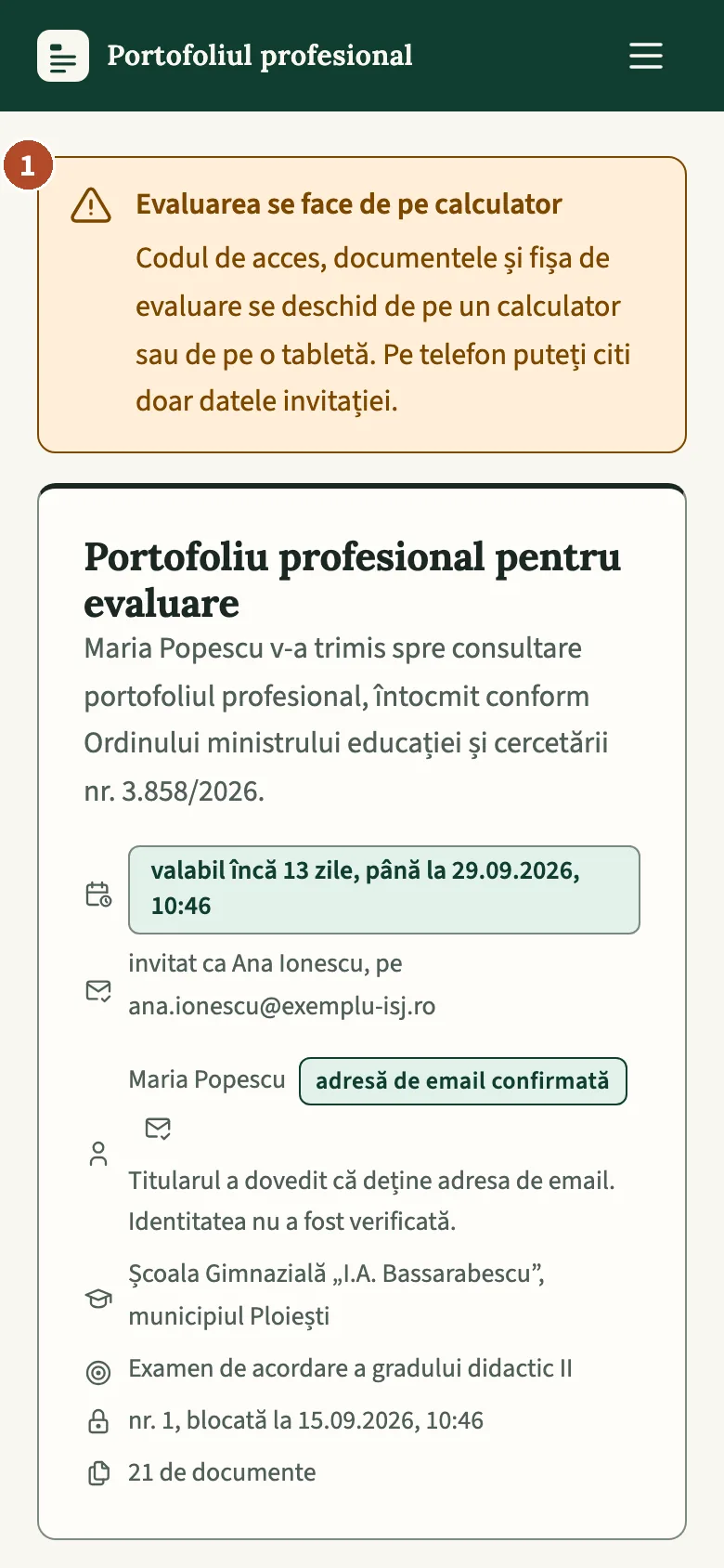 Pagina de intrare pe un telefon: nota și datele invitației.