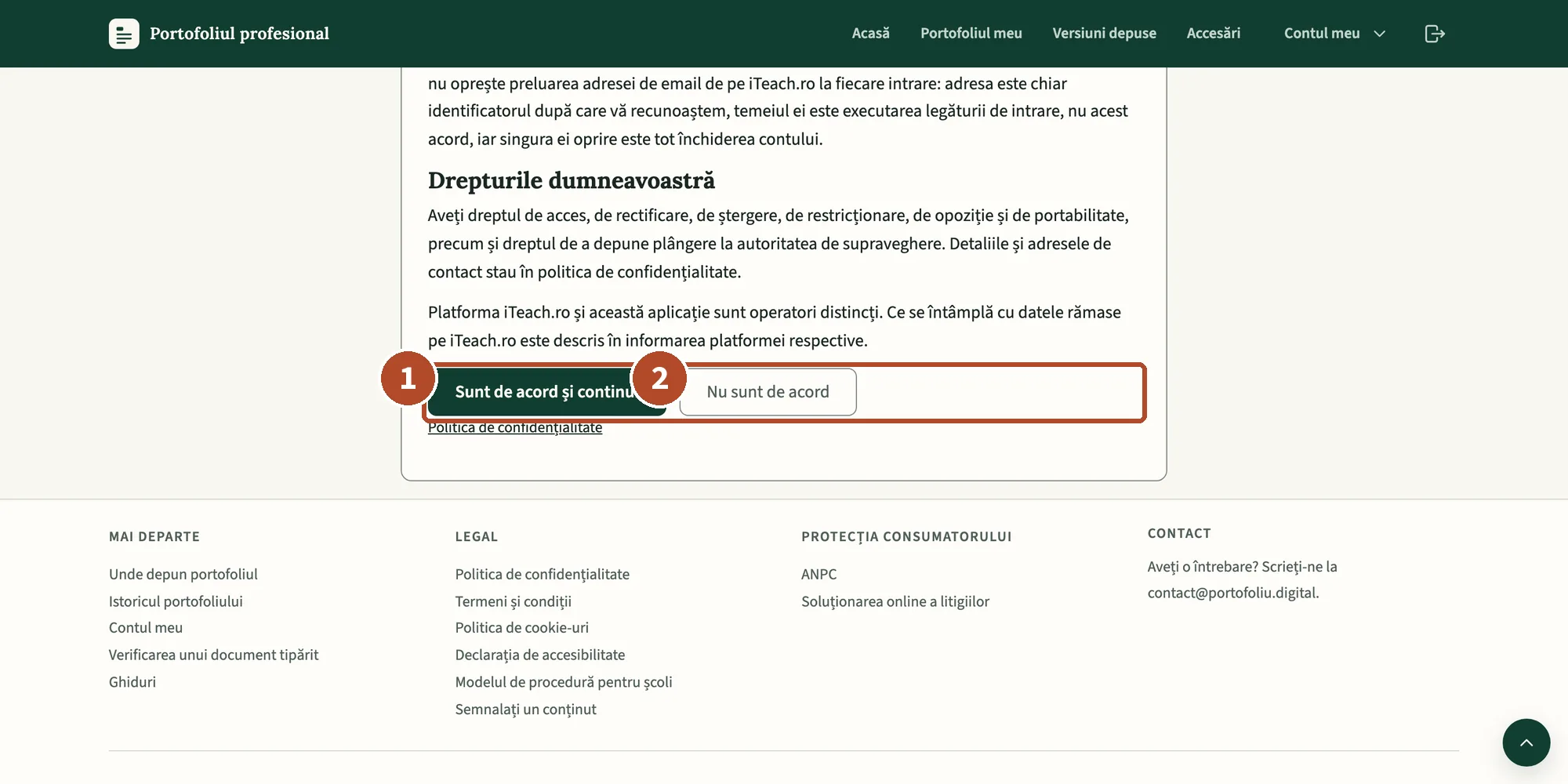 Ecranul acordului, cu versiunea textului, cele șaptesprezece paragrafe și cele două butoane de aceeași greutate.