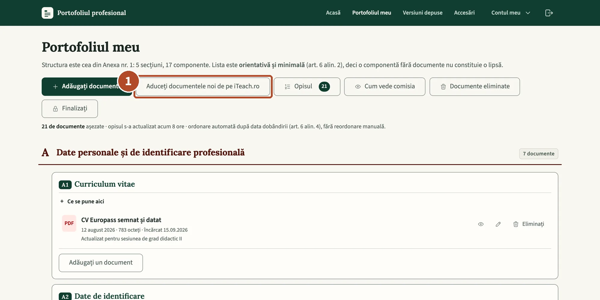 „Portofoliul meu”: butonul de aducere stă lângă „Adăugați documente”, pentru contul legat de iTeach.ro.