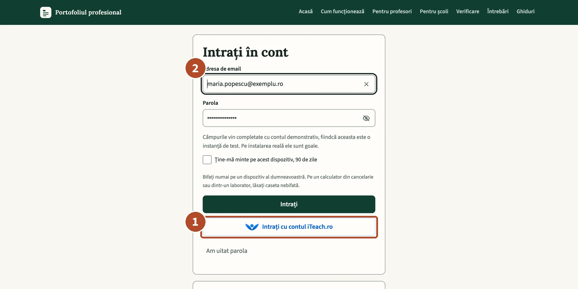 Pagina „Intrați în cont”, cu cele două căi de intrare, una sub alta.