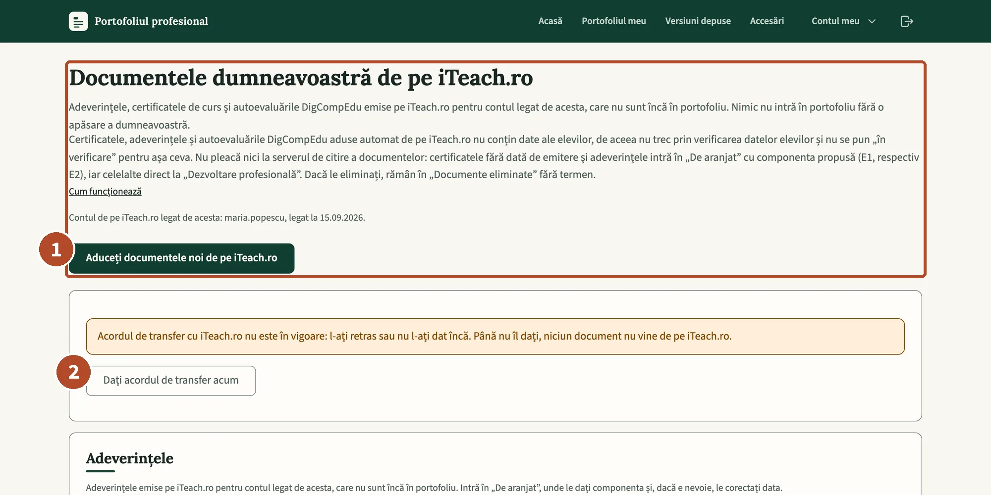 Pagina „De pe iTeach.ro” a unui cont legat, înainte de acord: butonul din antet duce la textul acordului, iar secțiunile nu au încă liste.