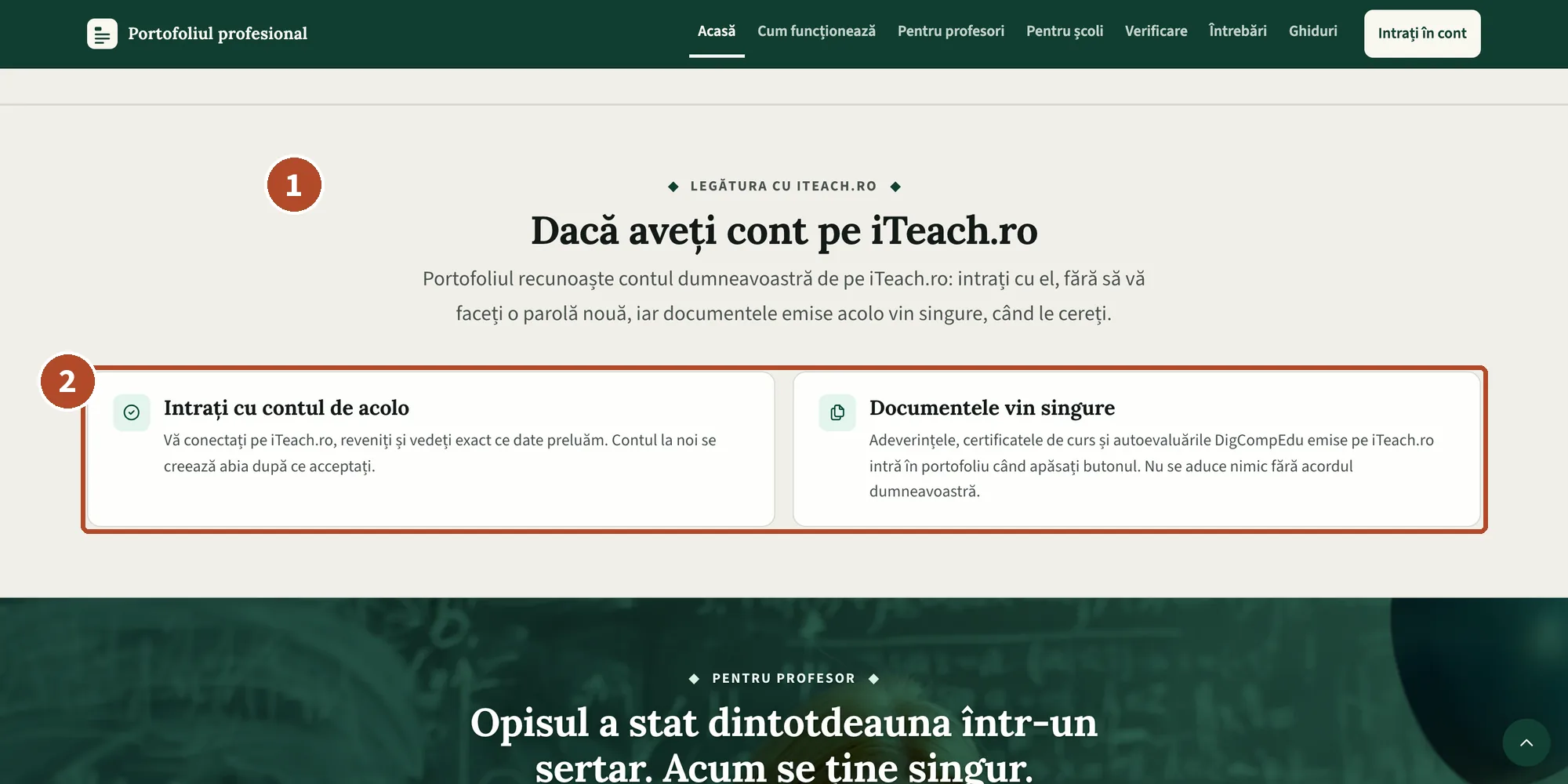 Secțiunea „Dacă aveți cont pe iTeach.ro” de pe pagina publică, cu cele două promisiuni.