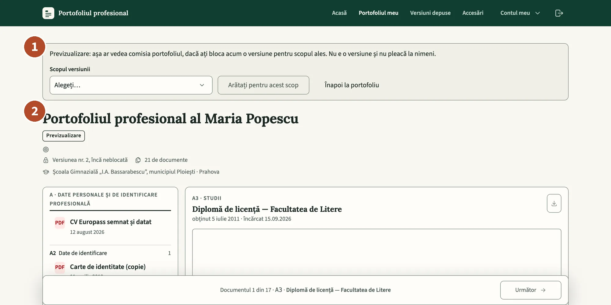Previzualizarea „Cum vede comisia”, pe contul de probă.