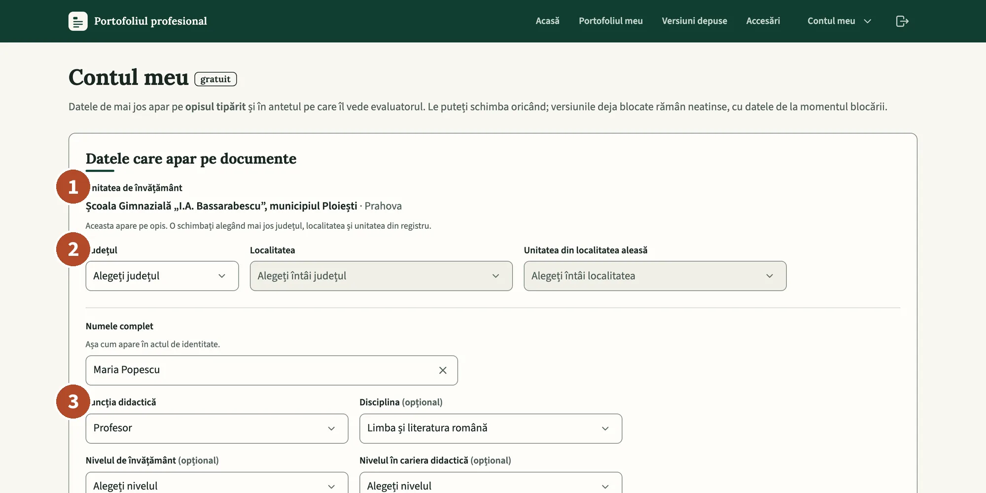 „Contul meu”, secțiunea datelor care apar pe documente.