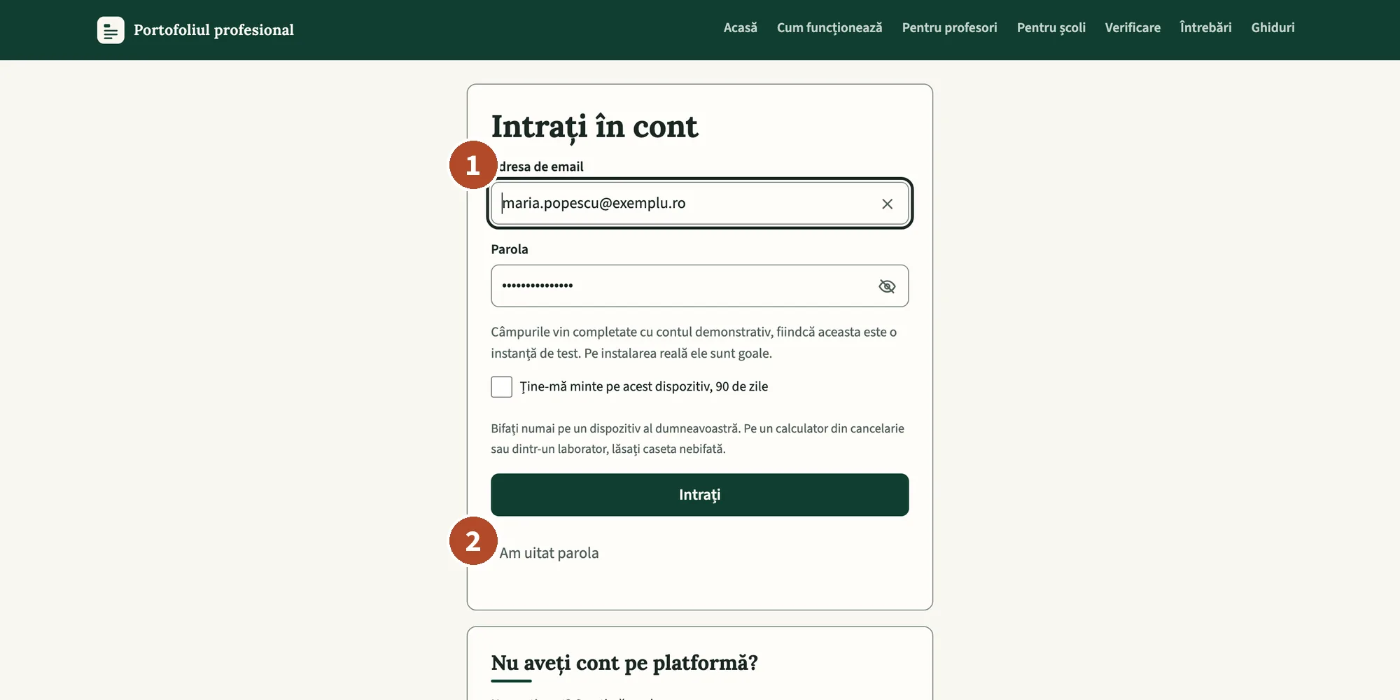 Pagina „Intrați în cont”.