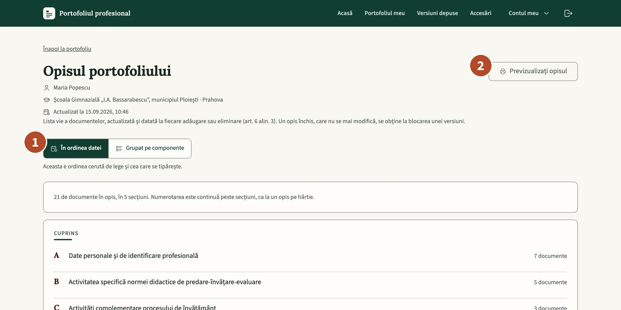 „Opisul portofoliului”, vederea în ordinea datei.