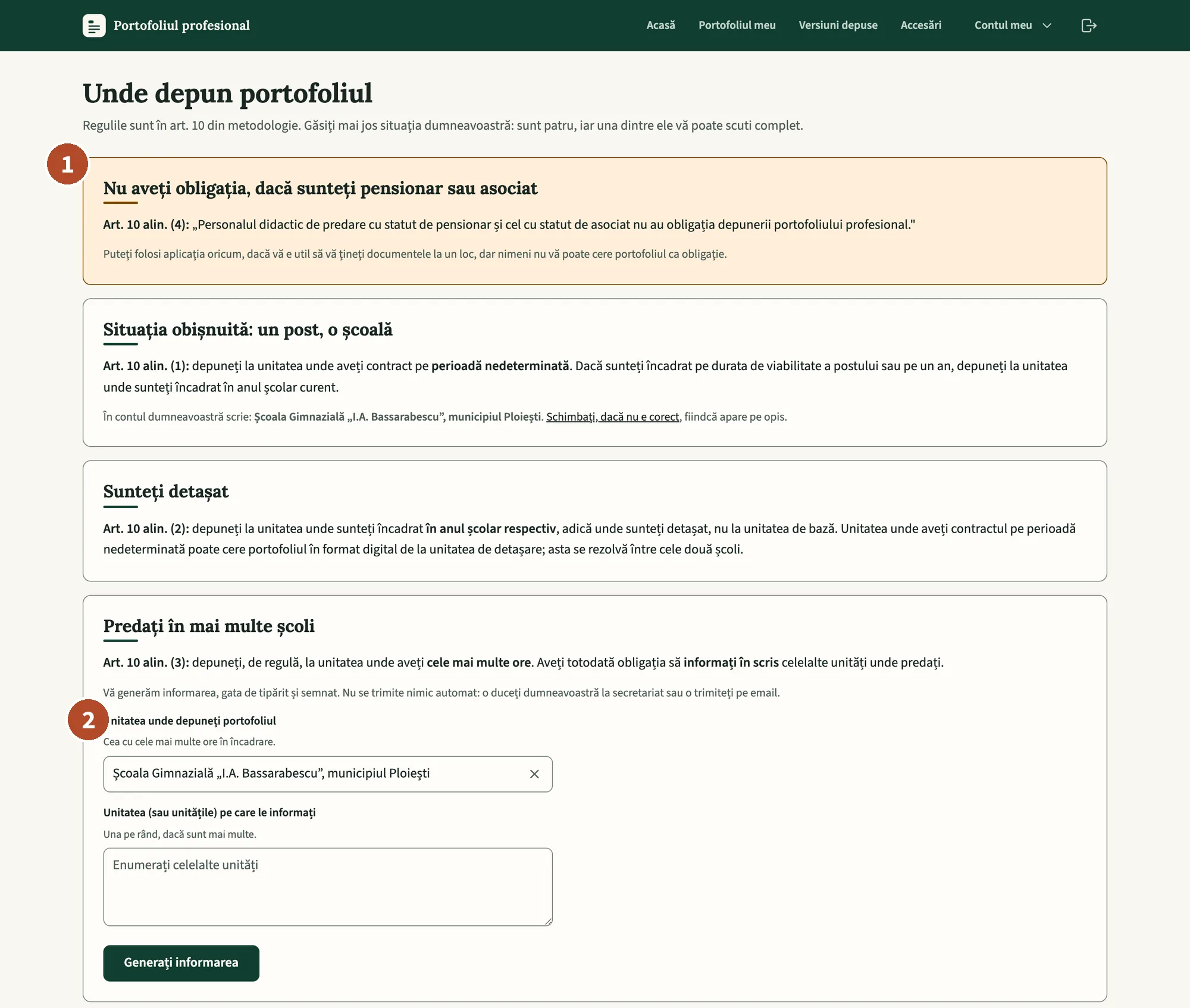 Pagina „Unde depun portofoliul”.