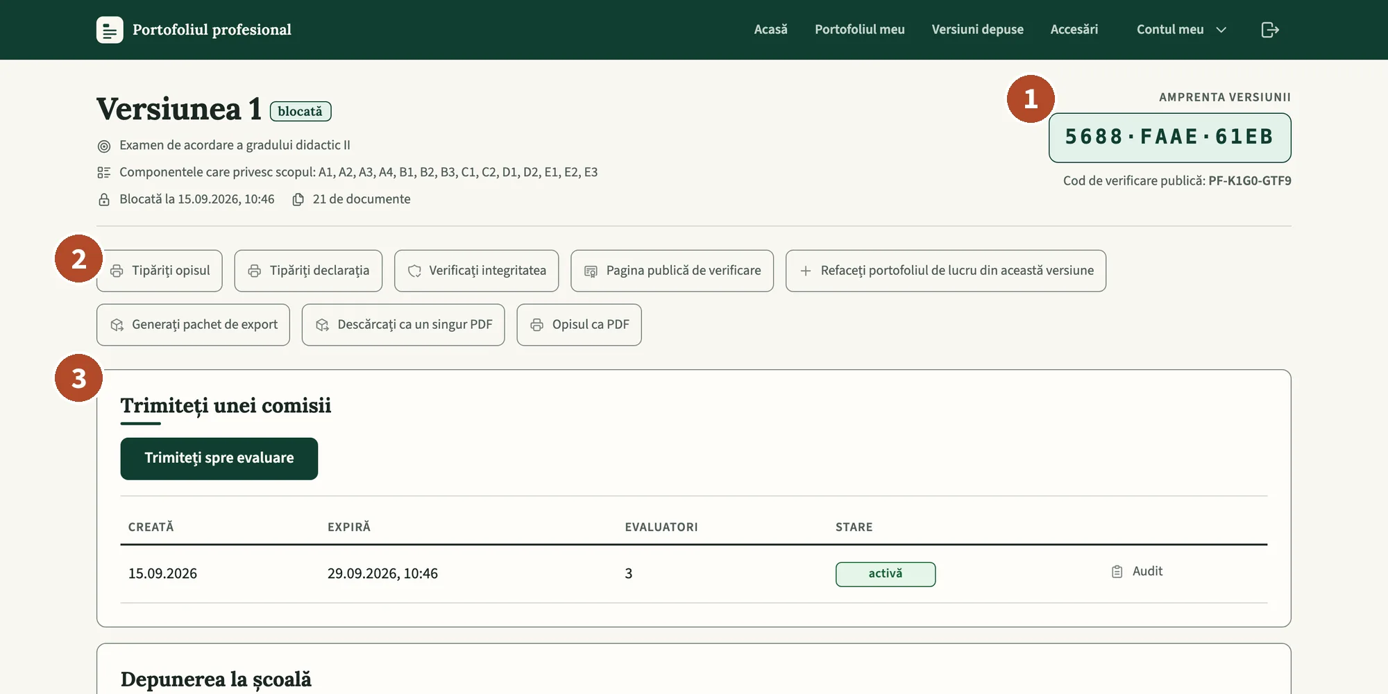 Pagina versiunii blocate a contului de probă.