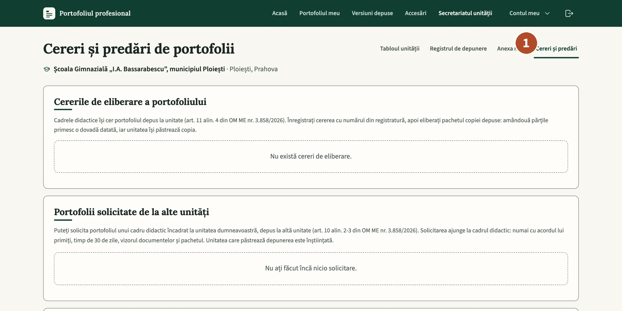 „Cereri și predări de portofolii”, pagina citită de secretar.