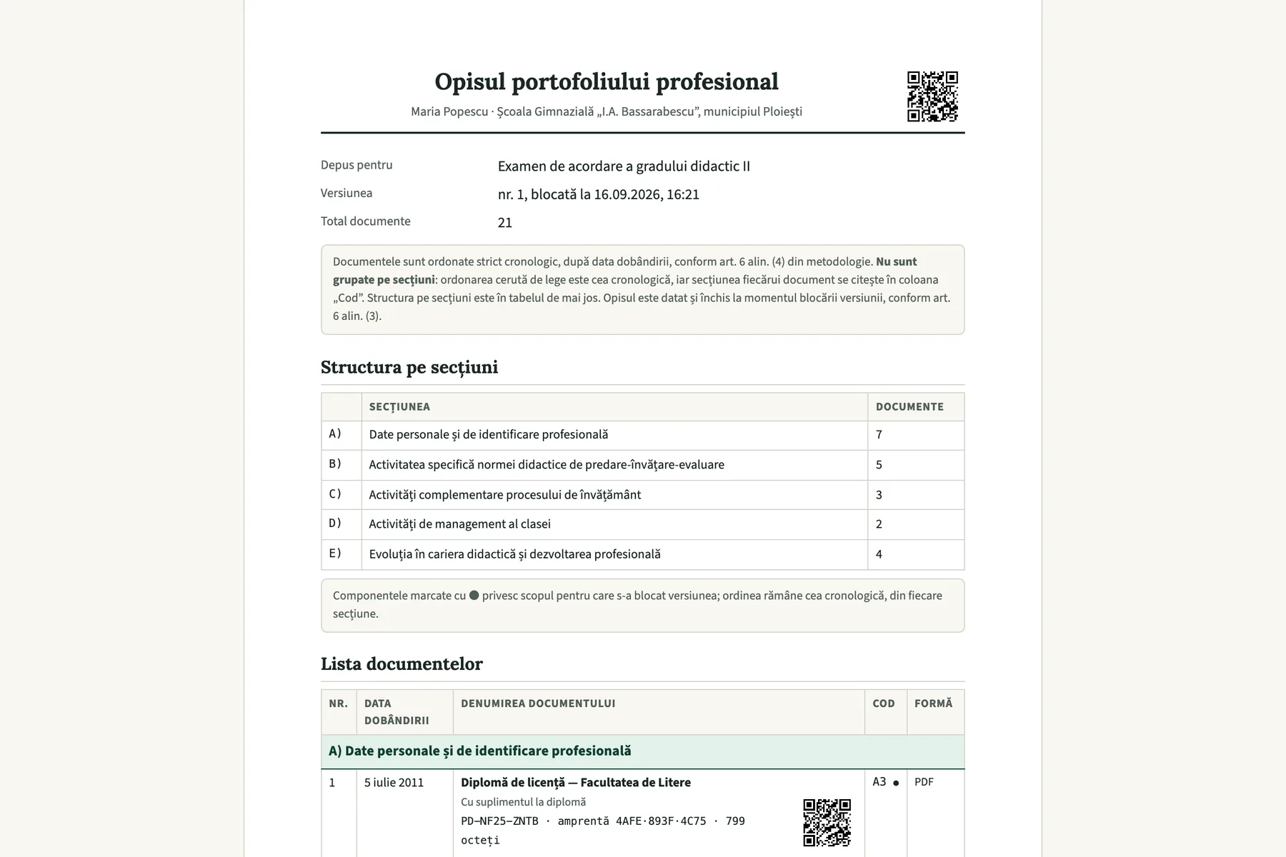 Opisul tipărit al unui portofoliu: titlul, numele titularului și școala, scopul pentru care s-a blocat versiunea, data blocării, tabelul secțiunilor cu numărul de documente al fiecăreia și primul document din listă, cu data dobândirii, codul lui și un cod QR de verificare.