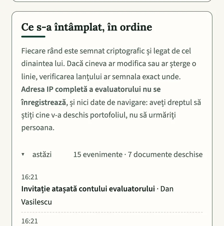 Jurnalul unei partajări, pe un cont demonstrativ: ce s-a întâmplat, în ordine, cu ora fiecărei accesări.