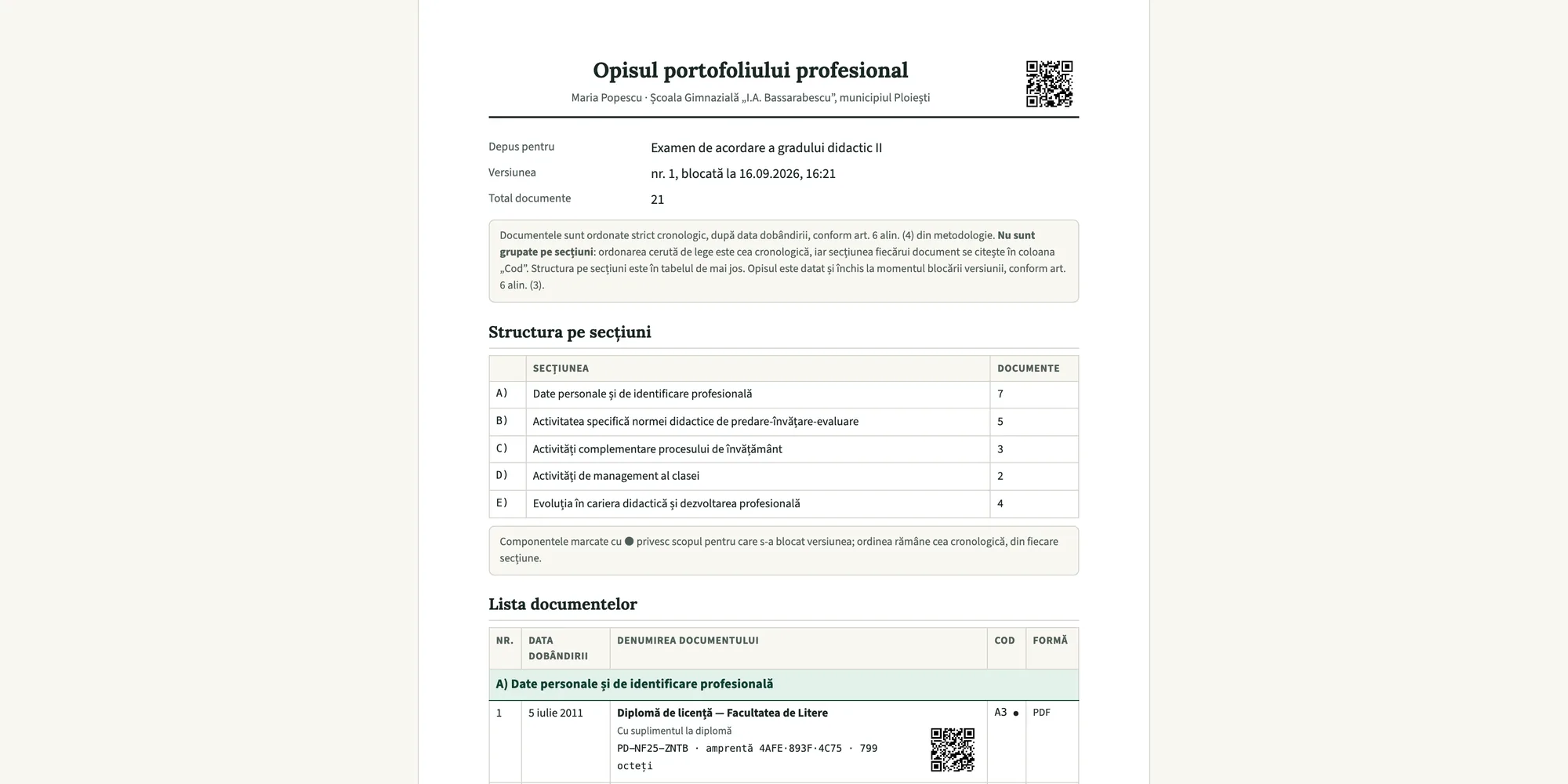 Opisul tipărit al unei versiuni blocate: titlul, numărul versiunii cu data blocării, tabelul documentelor cu codul fiecăruia și codul QR al verificării publice.