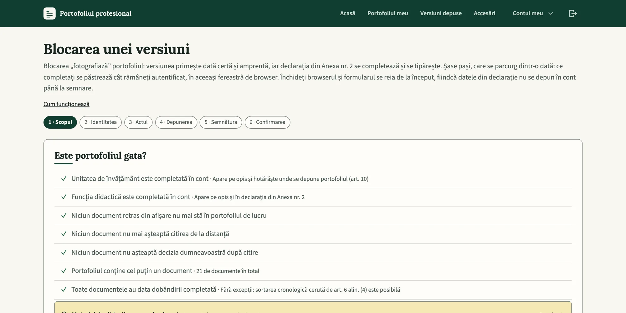 Lista dinaintea depunerii: condițiile îndeplinite și cele rămase, fiecare cu motivul ei.